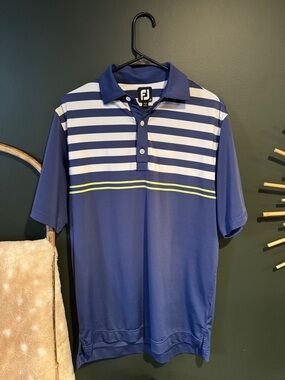 FootJoy Navy Polo with White Stripes and Yellow Accent